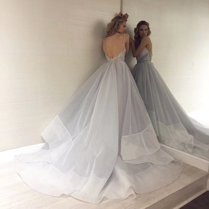 Sexy Backless Straps Gray Tulle Beading Ball Gown Prom Dress Graduation Party Gowns   cg13297