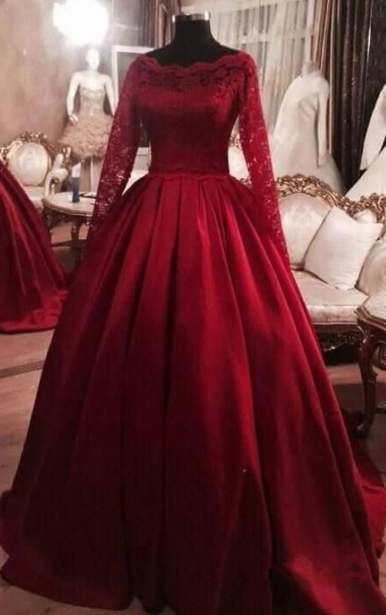 Wine red princess ball prom gown, lace long sleeves, evening dress    cg13299