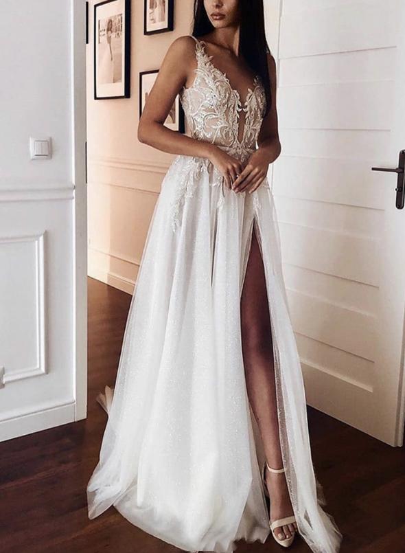 White v neck tulle lace long prom dress evening dress   cg13301