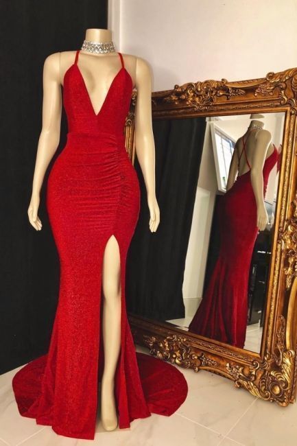 Spaghetti Straps Floor Length Red Prom Dresses with High Slit    cg12324