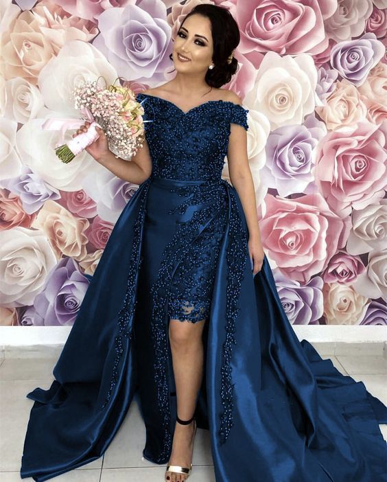navy blue prom dresses pearl beaded off the shoulder    cg13342