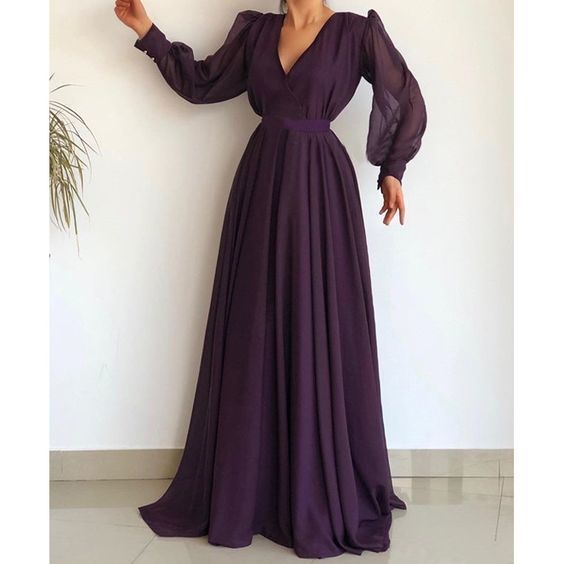 Elegant Purple Chiffon Long Prom Dresses Plus Size V Neck A Line Long Sleeve Women Evening Dress   cg13355