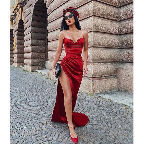 Fashion Sexy Red Prom Dresses Spaghetti Strap High Slit    cg13356