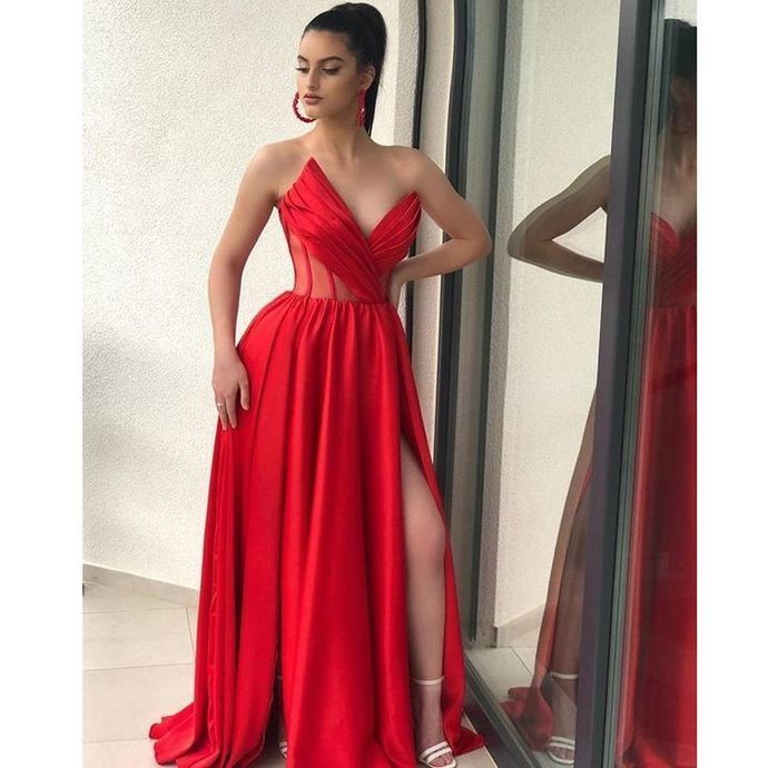 Sweetheart Red Prom Dresses Illusion Bodice Slit Satin Elegant A Line Formal Evening Dress Long Graduation Gowns   cg13357