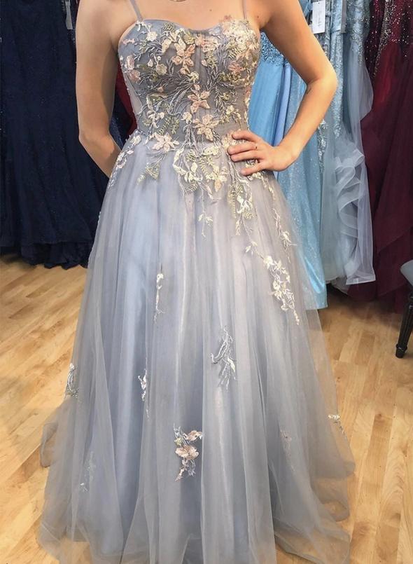 Gray tulle lace long prom dress gray evening dress   cg13366
