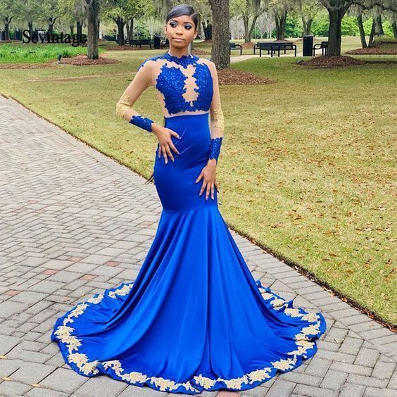 Royal Blue Mermaid Prom Dresses Gold Lace Prom Gowns Illusion Long Sleeve Evening Dress   cg13386