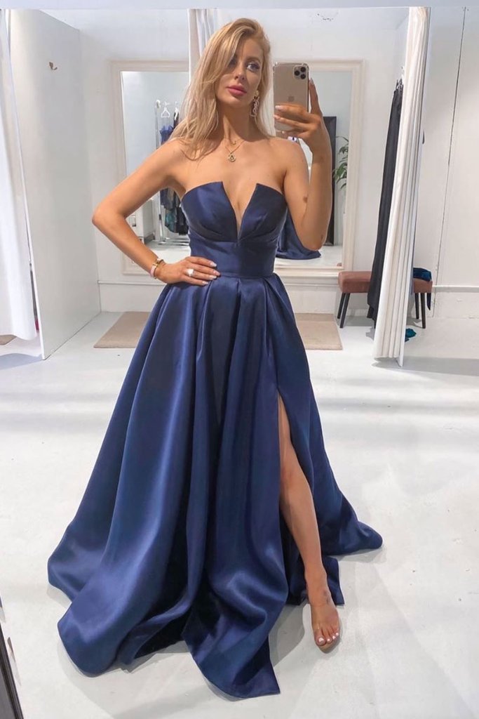 Simple blue satin long prom dress blue evening dress    cg13390