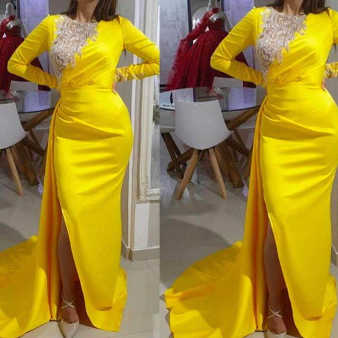 yellow prom dresses 2021 crew neckline lace appliques long sleeve mermaid side slit long evening dresses gowns   cg13398