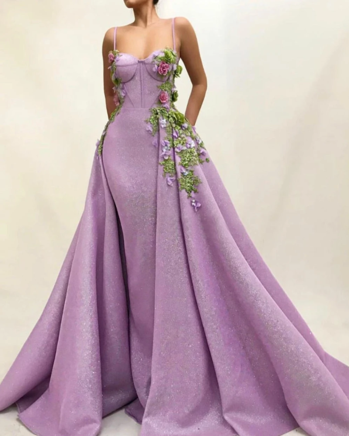 Glitter Flowers Prom Dresses 2021 Spaghetti Straps Sweetheart Formal Evening Party Dress   cg13402
