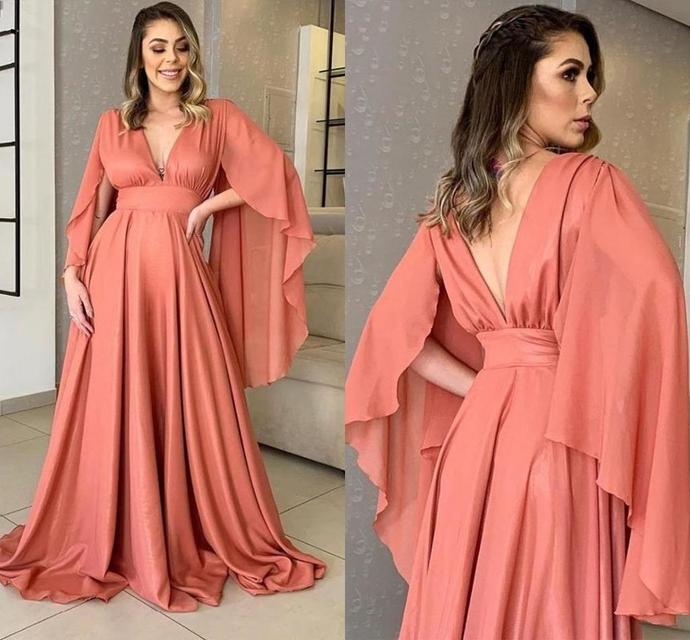 Coral Long Sleeve Evening Dresses 2021 Large Size V Neck A Line Chiffon Formal Party Gowns Backless Women Prom Dress   cg13406
