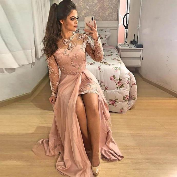 Custom O-Neck Long Sleeve Applique Lace NONE Train Satin New Prom Party Gown Straight Evening Dresses Thigh-High Slits Dresses   cg13409
