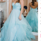Sparkly Straps Ruffles Blue Long Prom Dress with Open Back   cg13411