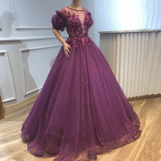 Purple tulle lace long prom dress, evening dress   cg13412