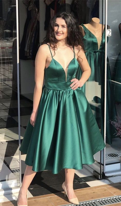 elegant tea length evening dress green satin prom gown   cg13418
