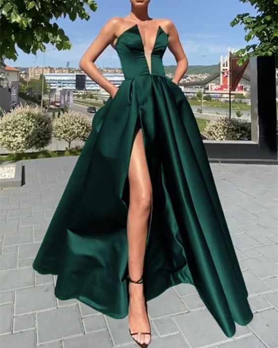 Emerald green satin split evening prom gown   cg13421