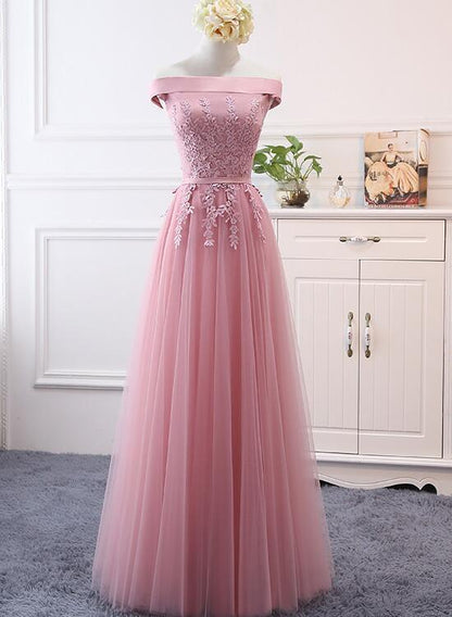 Pink Off Shoulder A-Line Tulle Floor Length Bridesmaid Dress, Pink Prom Dress   cg13426