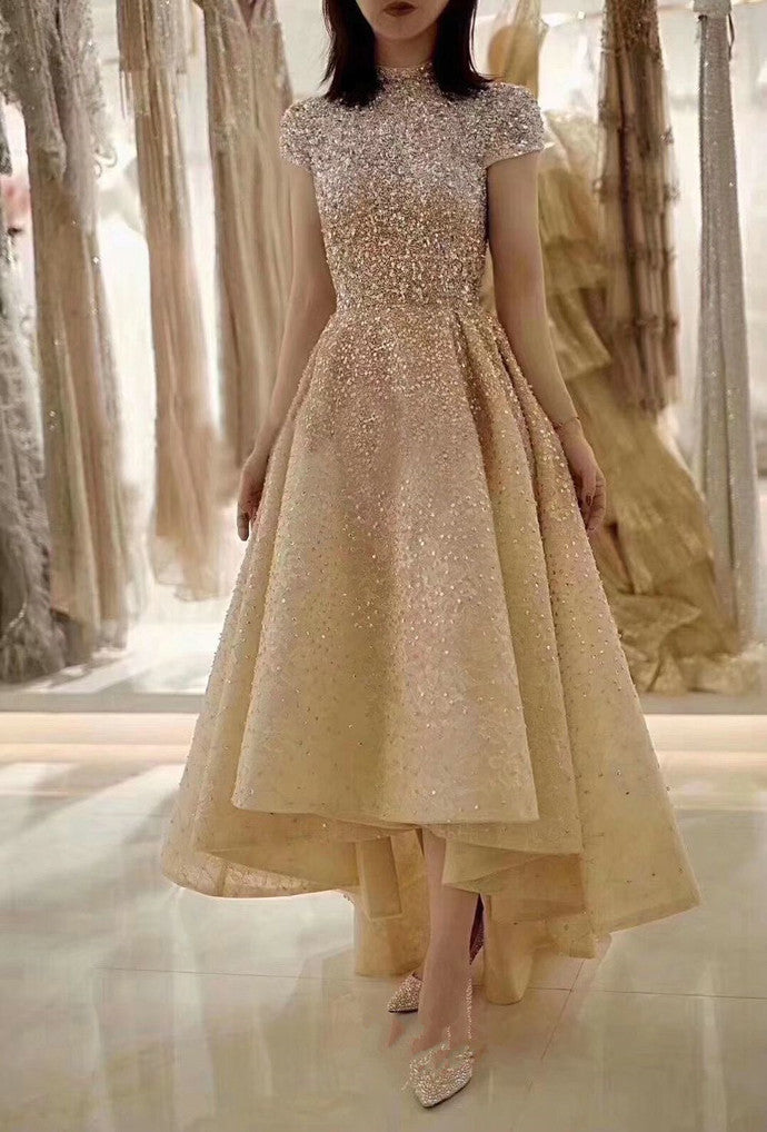 Gold Prom Dress,A-Line Prom Gown,O-Neck Evening Dress,Beading Prom Gown    cg13429