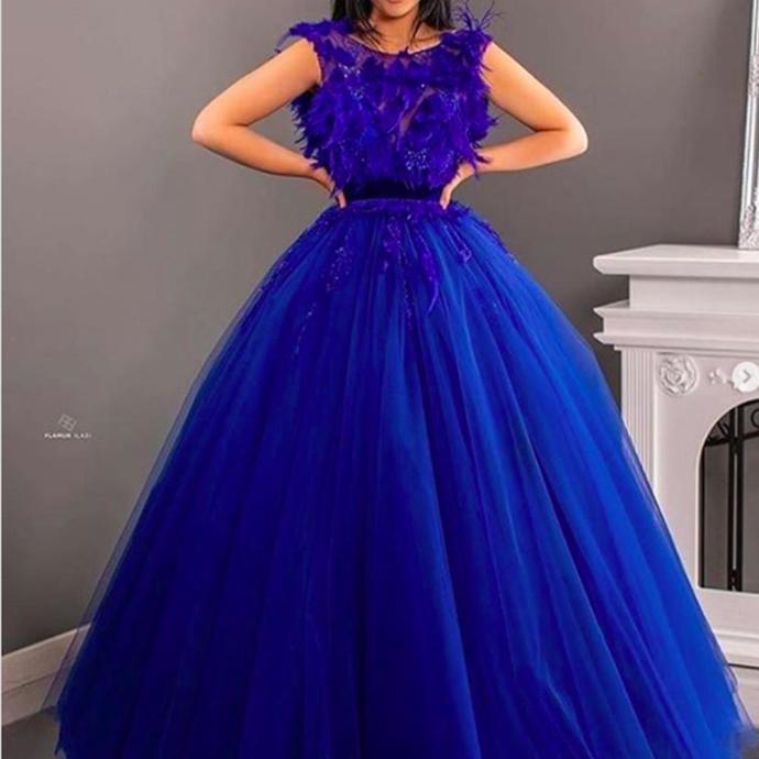royal blue prom dresses 2020 sheer crew neckline feather beading sequins ball gown tulle long evening dresses gowns  cg13435