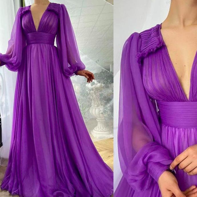 purple prom dresses 2020 deep v neck pleats long sleeve a line chiffon long evening dress   cg13436