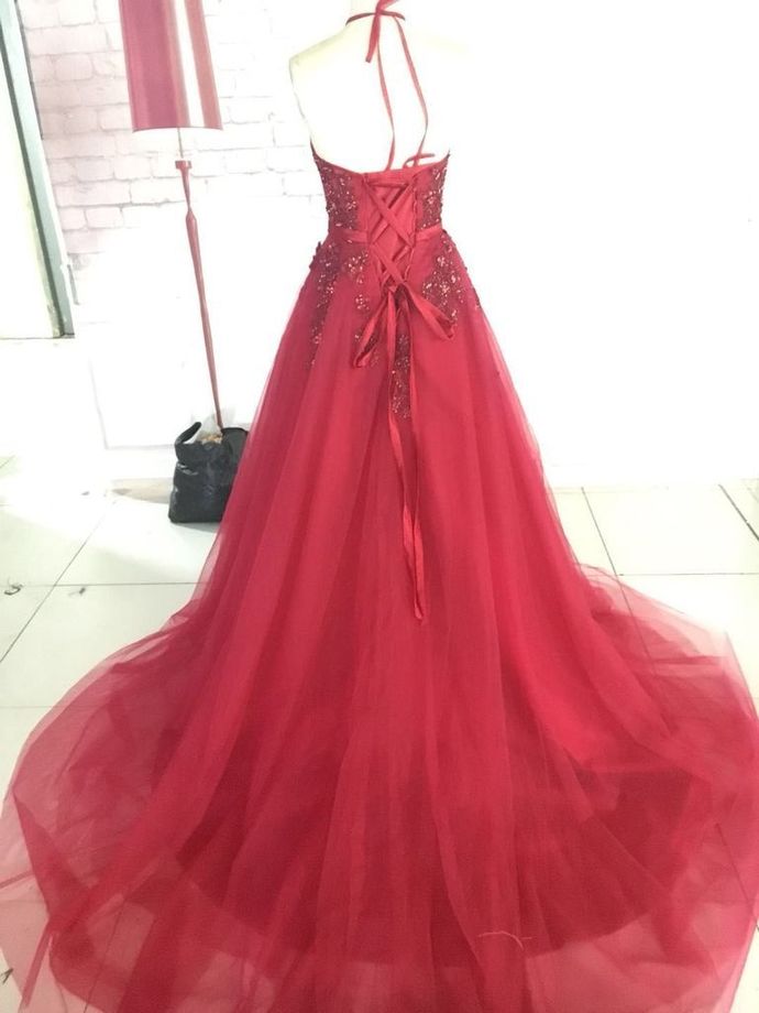 Sexy A-Line Halter Long Burgundy Tulle Prom Dresses Backless Floor Length Formal Party Dresses   cg13441