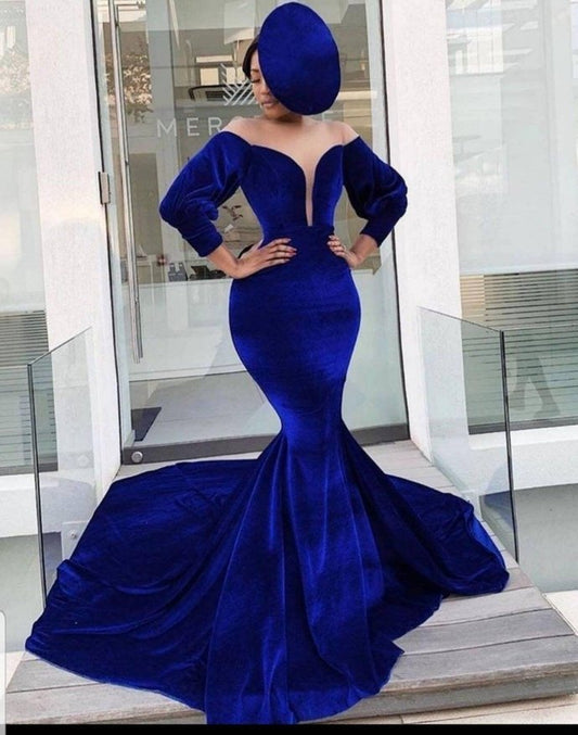 Royal Blue Velvet Mermaid Prom Dresses   cg13459