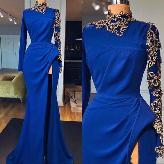 Royal Blue Mermaid Prom Dresses High Neck Long Sleeves Side Split Gold Appliques Evening Gowns   cg13684
