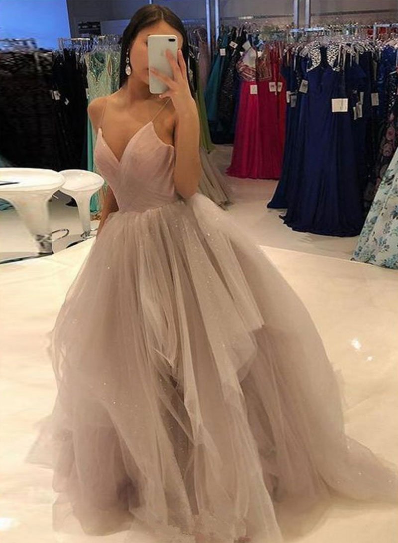 Stylish v neck tulle long prom gown, evening dress cg1372
