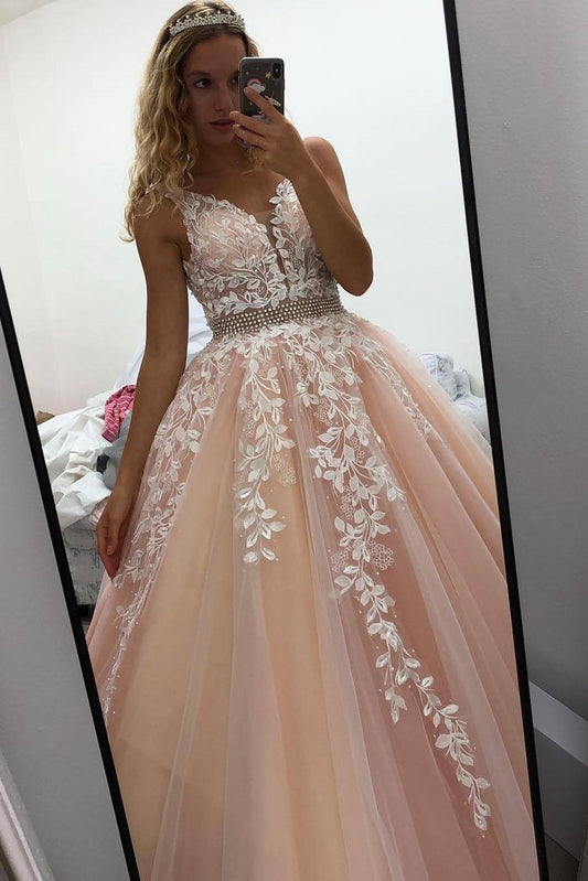 A Line V Neck Open Back Pink Lace Appliques Long Prom Dress   cg13753