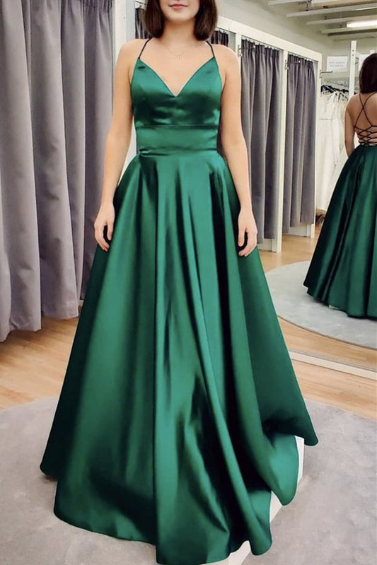A Line V Neck Floor Length Backless Emerald Green Satin Long Prom Dress   cg13754