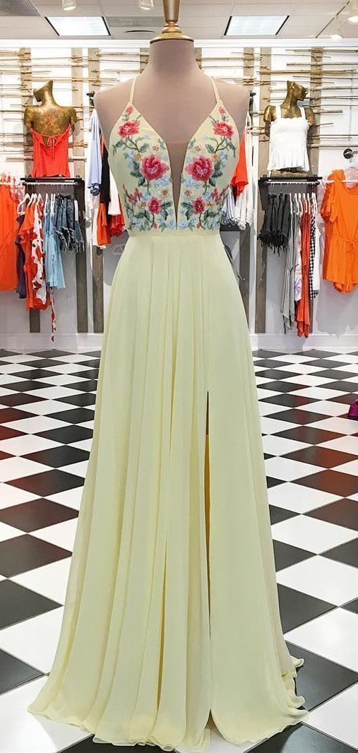Beautiful Custom Made Yellow Long Prom Dress With Floral Embroidery   cg13771