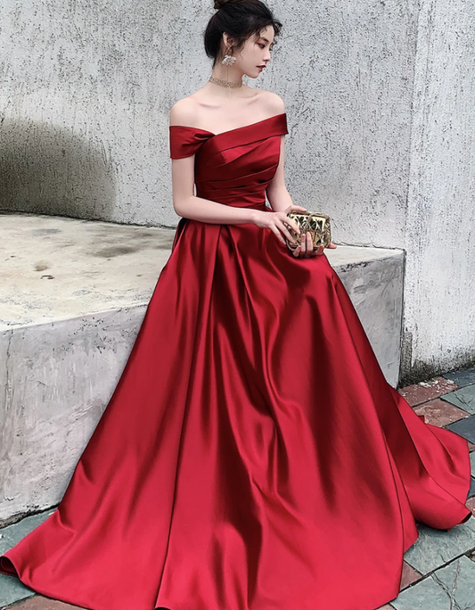 Red Satin Off Shoulder Fashionable Long Prom Dress, New Style Party Dress   cg13784