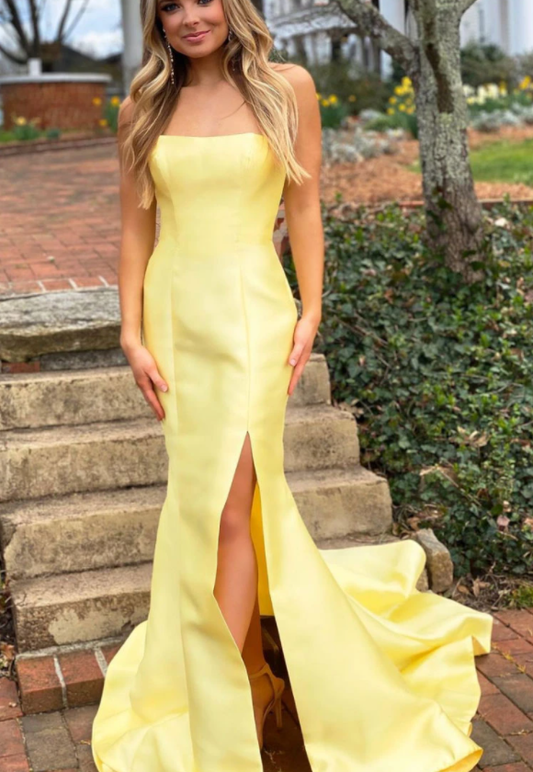 Simple yellow satin long prom dress yellow evening dress   cg13786