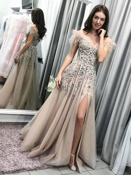 Champagne tulle lace long prom dress champagne tulle formal dress   cg13795