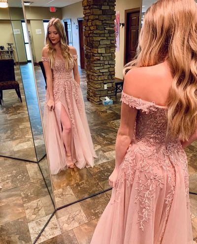 Off the Shoulder Blush Pink Tulle Long Prom Dress with Slit   cg13798