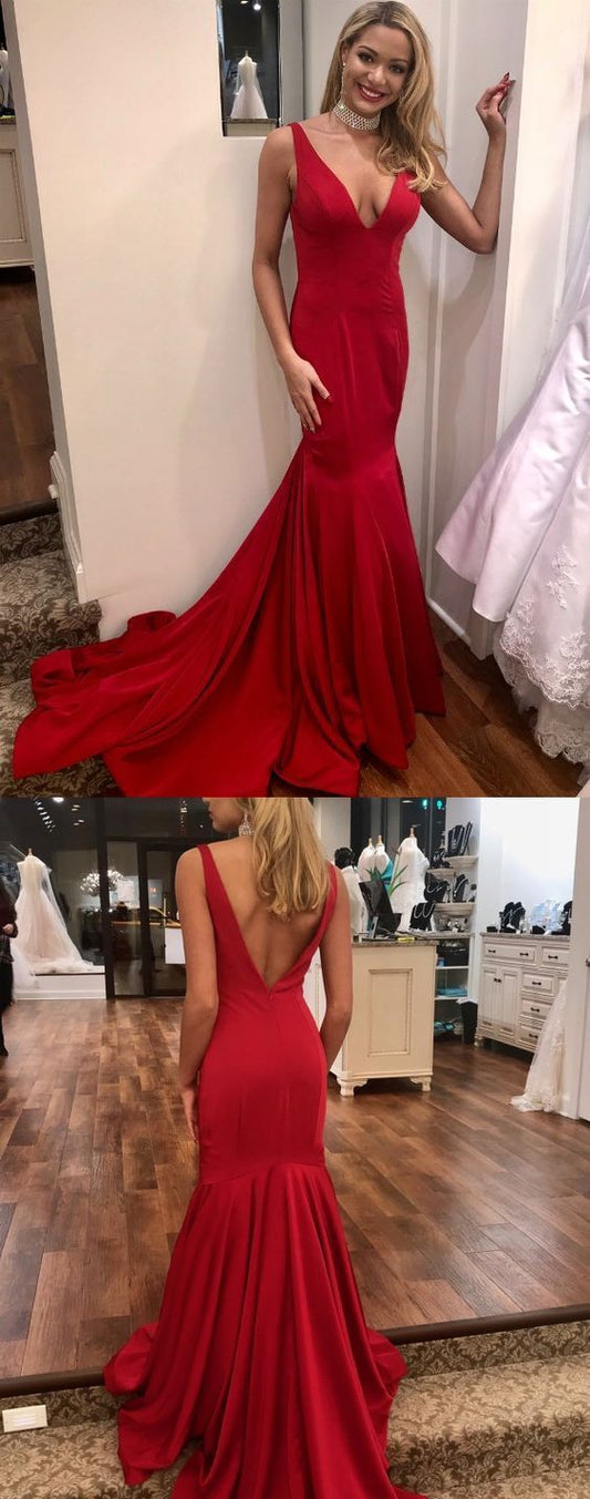 Long Prom Dresses Red Mermaid Formal Evening Dresses V-neck, Open Back Party Dresses   cg13819