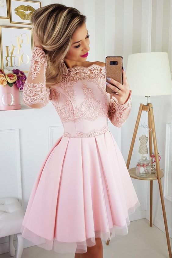 Pink Appliques Short Dress, Tulle Long Sleeve Short Homecoming Dress cg1382