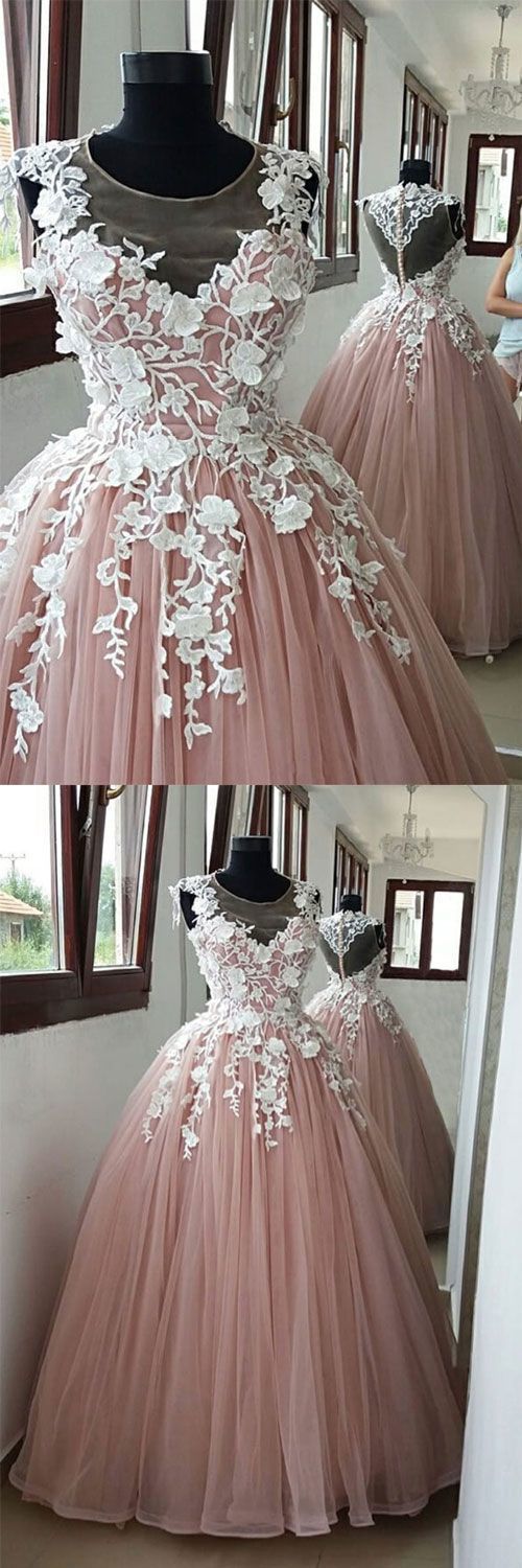 Pink round neck tulle lace applique long prom dress, pink evening dress     cg13820