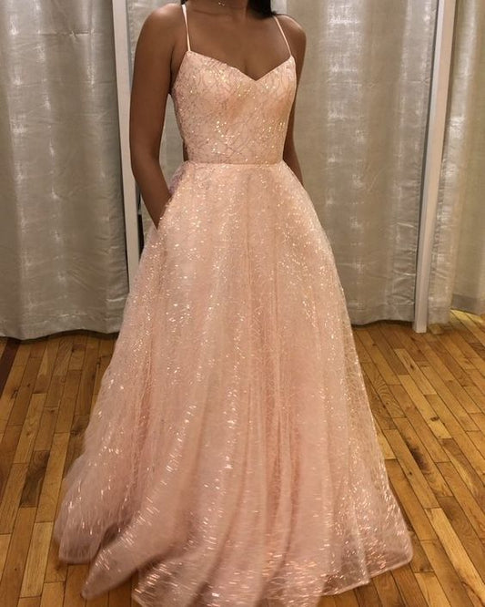 A-line Straps Long Prom Dress, Shiny Prom Dress   cg13835