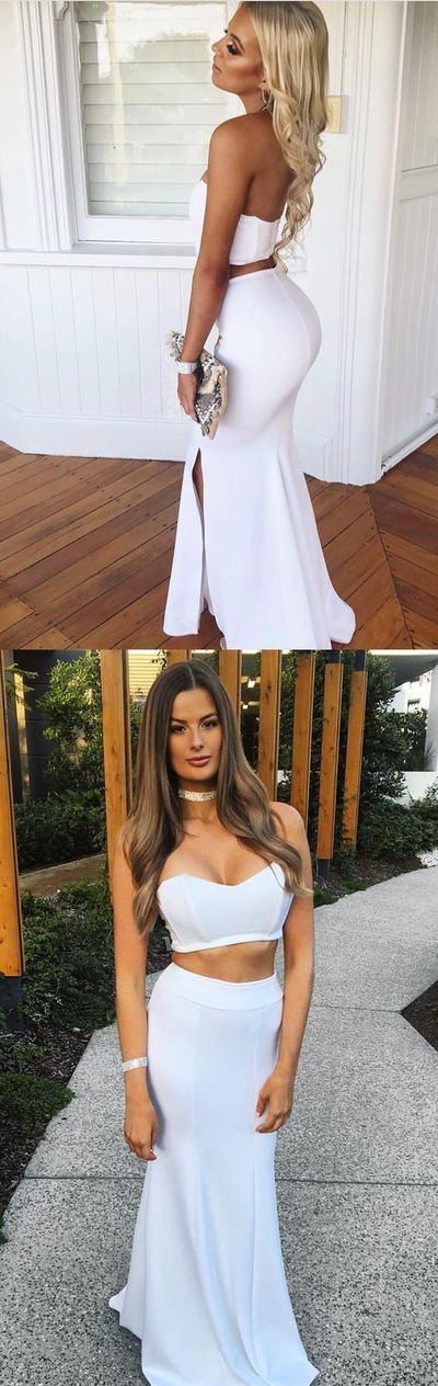 Sexy Two Piece Strapless White Mermaid Long Prom Dress Side Split Evening Party Dress   cg13881