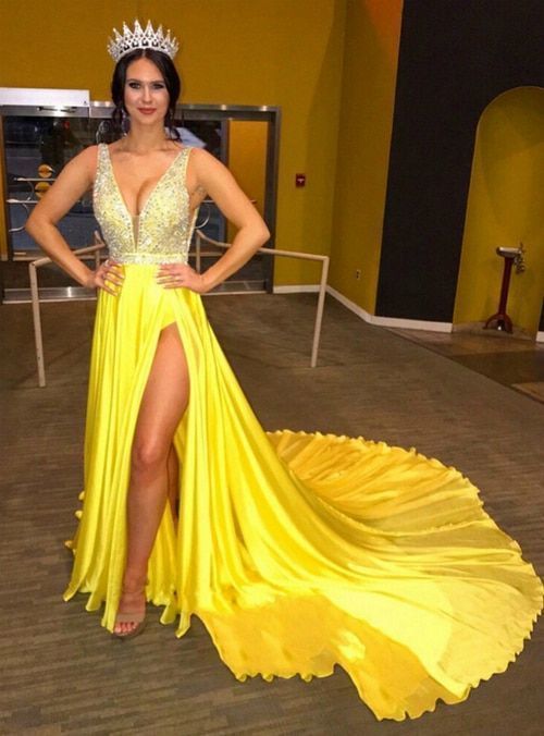 Deep V Neck Long Prom Dress, Yellow Prom Dress With Beading Top    cg13895