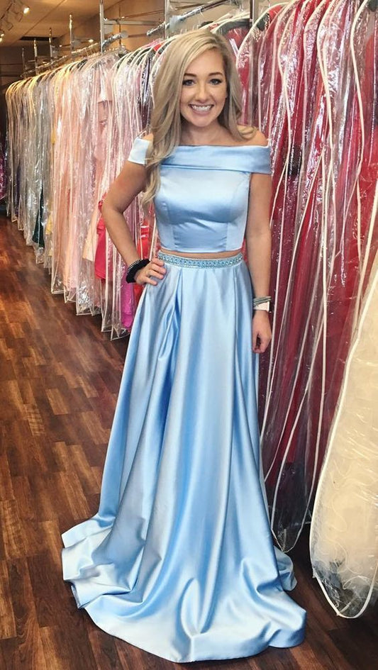 Two Piece Off Shoulder Green Long Prom Dress with Pockets    cg13906