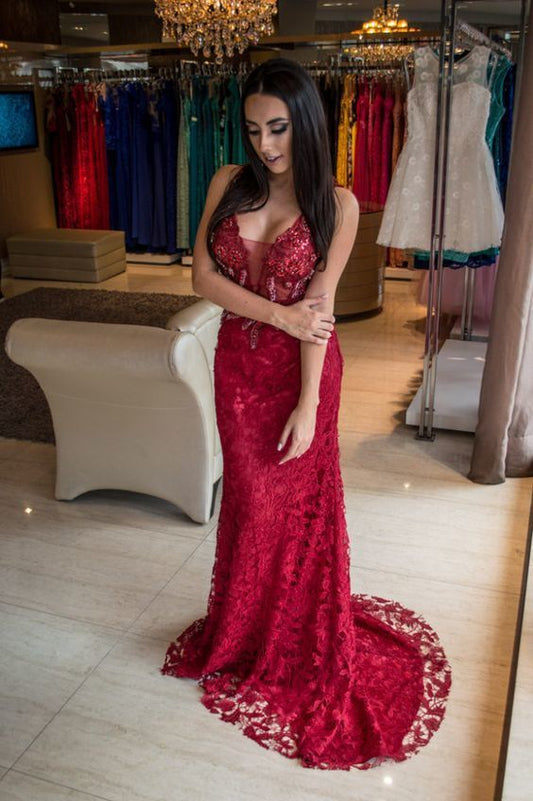 Dark Red Lace Mermaid Prom Dress with Lace    cg13910