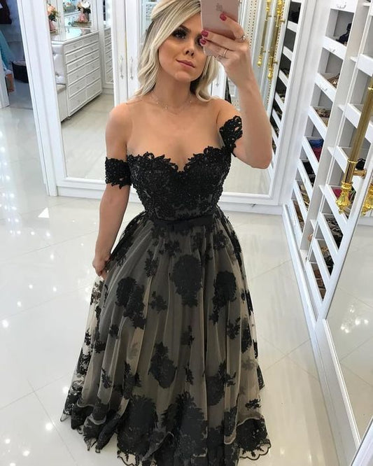 Off Shoulder Long Prom Dress With Blak Lace   cg13969