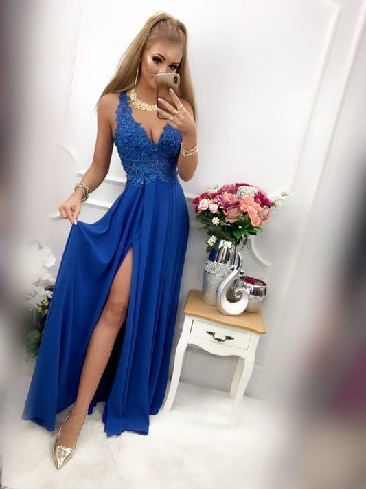 Blue V Neck Long Prom Dress With Split    cg13985