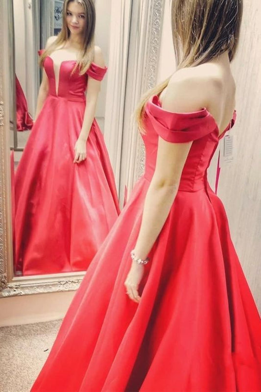 Princess Off Shoulder Beaded A-Line Red Long Prom Dress   cg13991