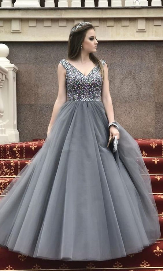 Sparkly Sequins V Neck Grey Long Prom Dress Ball Gown    cg13996