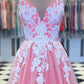 PINK V NECK TULLE LACE LONG PROM DRESS PINK TULLE LACE EVENING DRESS   cg14017