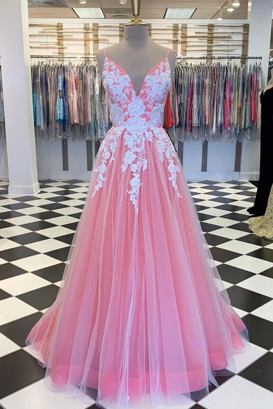 PINK V NECK TULLE LACE LONG PROM DRESS PINK TULLE LACE EVENING DRESS   cg14017