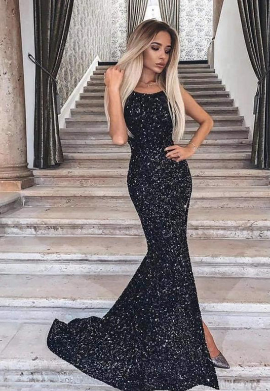 Black sequins long prom dress mermaid evening dress   cg14076