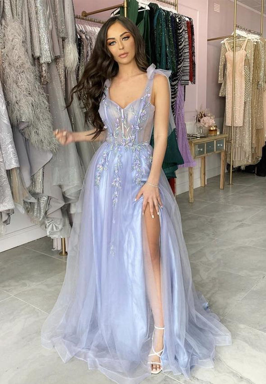 Blue tulle lace long prom dress blue evening dress   cg14078